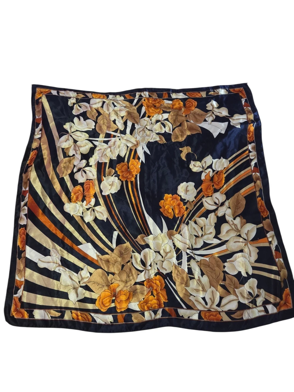 Silk Floral Scarf in Navy and Gold